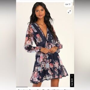 Sweetness Season Navy Blue Floral Print Long Sleeve Mini Dress. Size L.